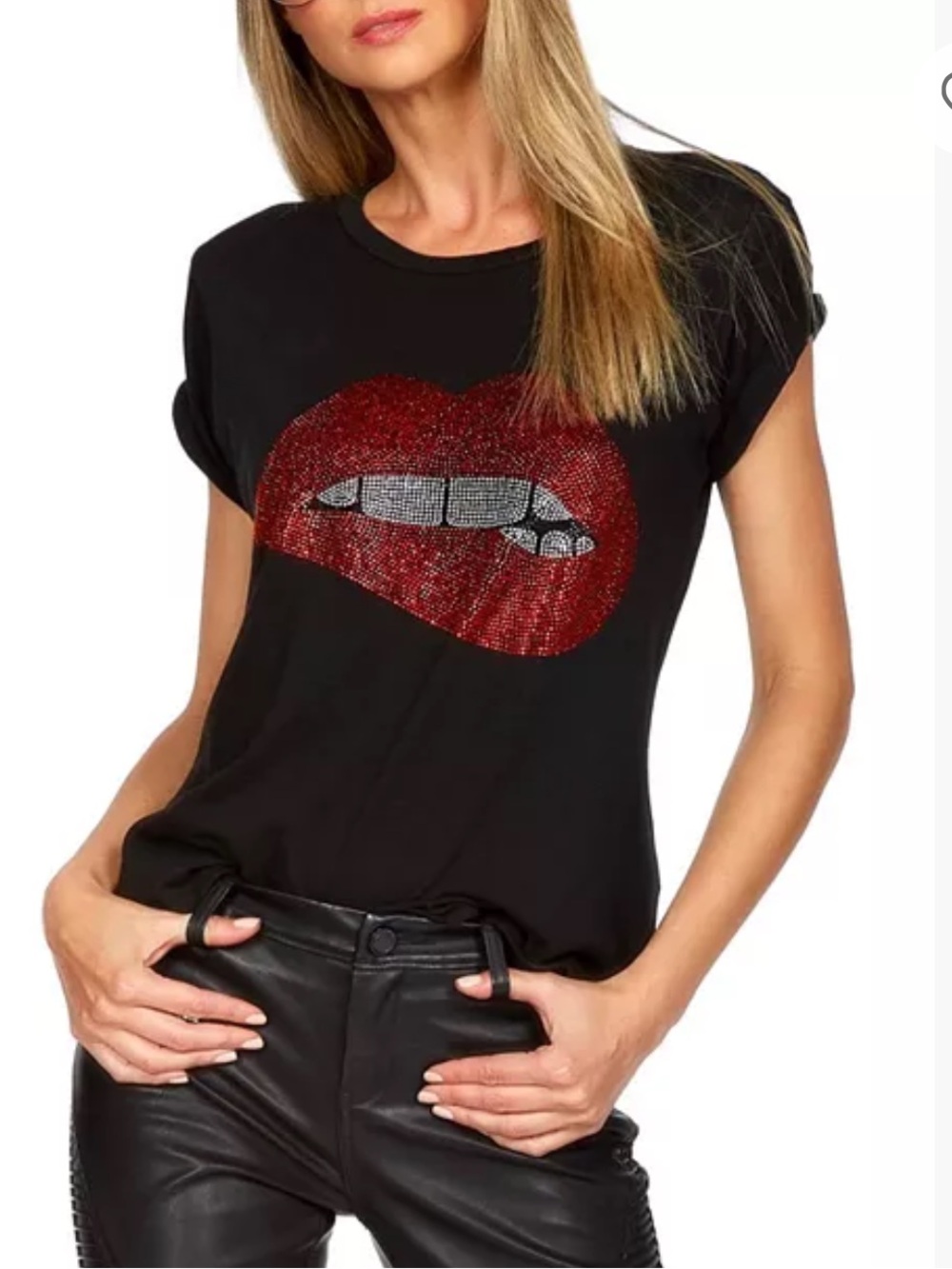 Lauren Moshi Edda Crystal Biting Lip Tee Black M Rhinestone Y2K Rocker